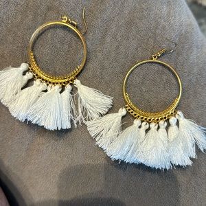 White fringe hoop earrings